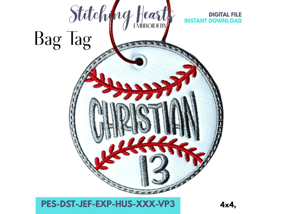 Baseball Bag Tag ITH Embroidery Design| Digital Design for Machine Embroidery